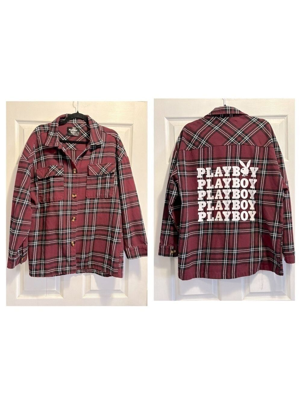 PLAYBOY Flannel Long Sleeve Button Up Shirt Burgundy Black White Plaid Sz Medium